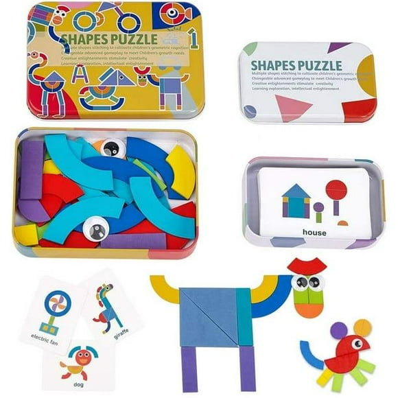 Wooden Pattern Blocks Jigsaw Puzzle Sorting and Stacking Games Montessori Educational Toys for Toddlers Kids Boys Girls Age 3+ Years Old and Classroom (36 Shape Pieces& 60 Cards in Iron Box)