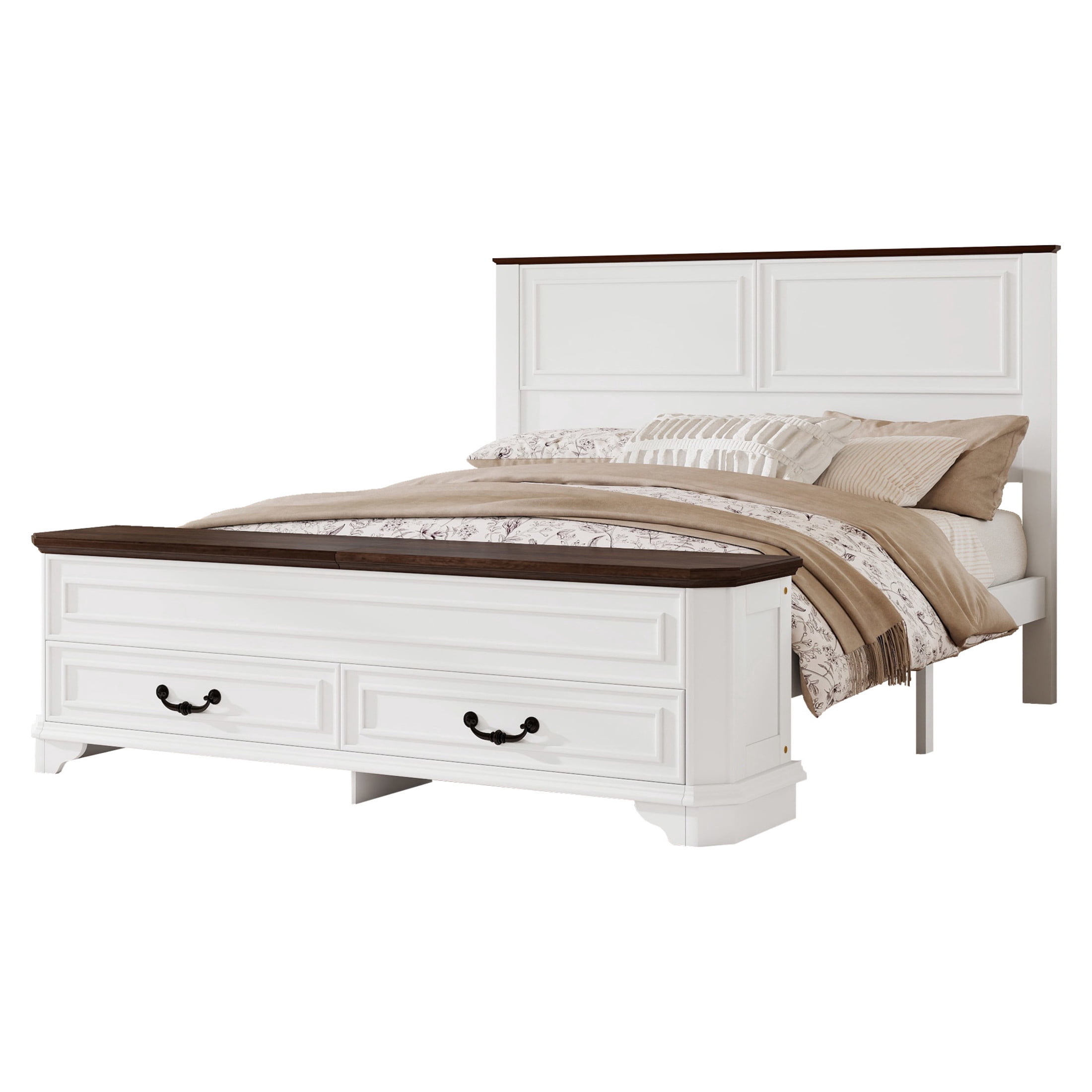 Noble House Reinaldo Queen Farmhouse Pine Bed with Integrated Bench, Storage Drawers and Flip-Top Containers, White