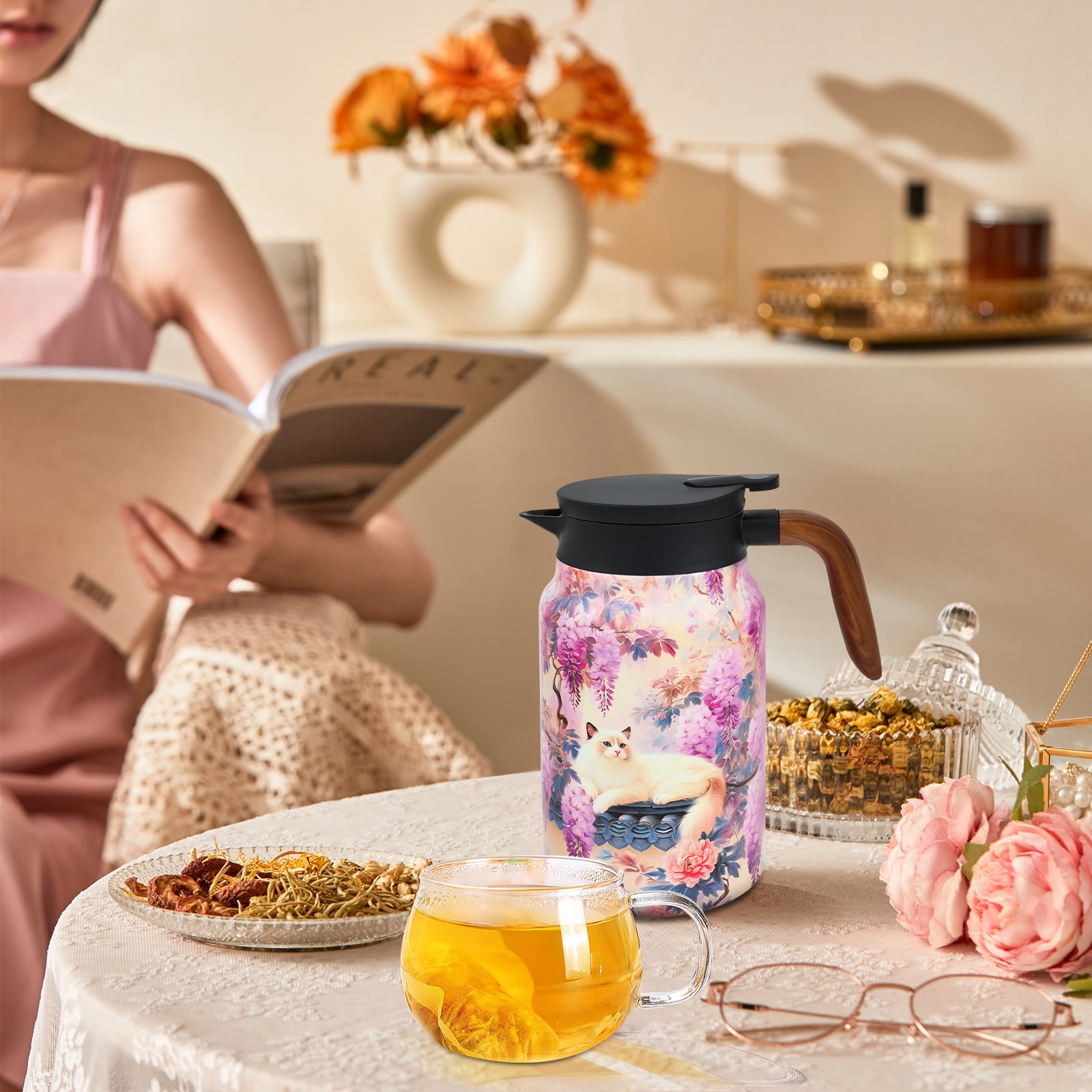 Qenwkxz 50.73 oz Insulated Teapot, Pink Vintage Floral Pattern Tea Pot with Infuser, Stainless Steel Thermal Teapot with Lid, Wooden Handle Thermal Carafe for Hot Drinks Coffee