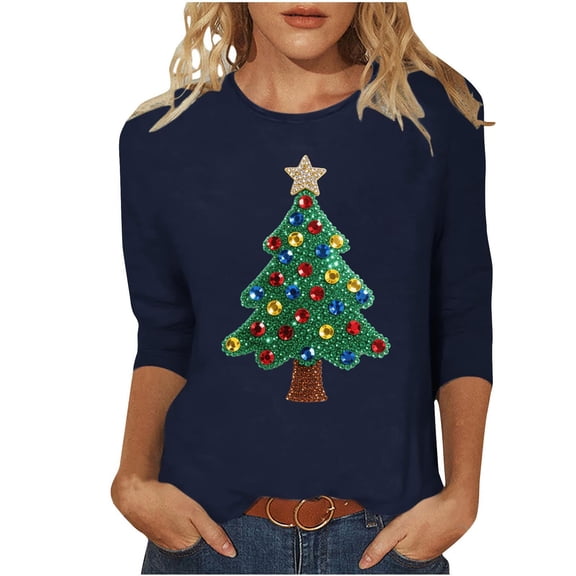 Maplenight Christmas T Shirts for Women Casual Christmas Tree Graphic Holiday Tops Crewneck 3/4 Sleeve Shirts for Women