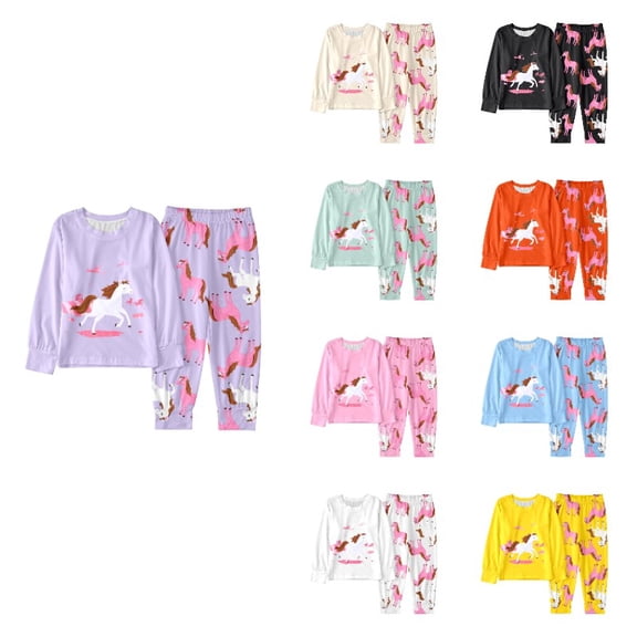 Krdevn Cartoon Horse Print Girls Pajama Set, Long Sleeve Crew Neck Top All Over Print Jogger Pants 2 Piece Loungewear for Home Sleep,Light Purple