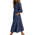 thumbnail image 6 of Ynynloco Women's Cotton Linen Dresses 3/4 Sleeve Casual V-Neck High Waisted A Line Midi Dress Flowy Midi Dress with Pockets Fall Outfits, 6 of 6