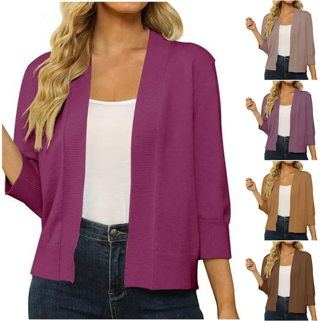 Sentmoon Cable Knit Sweater Women Plus Size 3/4 Sleeve Cardigan Sweaters Solid Color Lightweight and Warm Loose Knitted Womens Travel Outfit Fall and Winter Active for Business Casual Coffee L