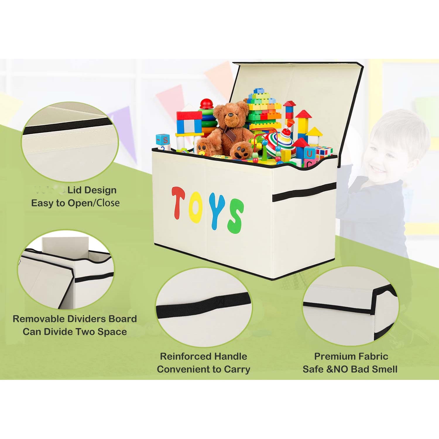 VICTORICH Extra Large Child Collapsible Toy Storage Fabric 32 gal Kids Room Toy Chest with Lid, Beige