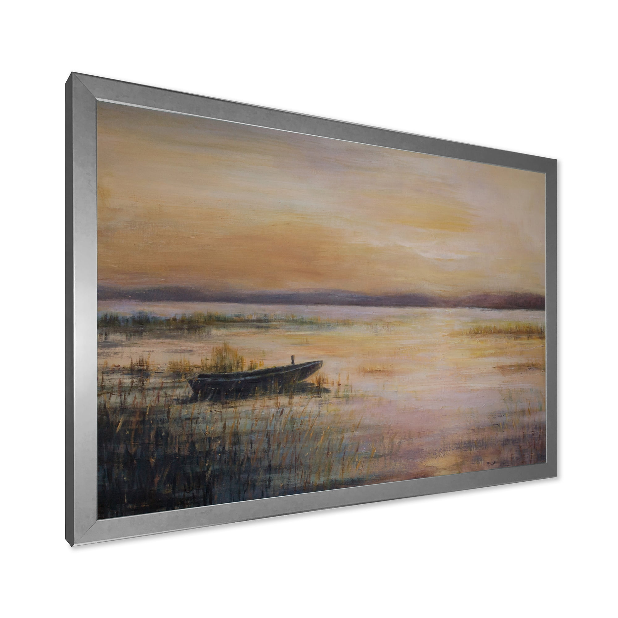 Designart 'Pastel Boat Sunset Over The Lake' Nautical & Coastal Framed Art Print
