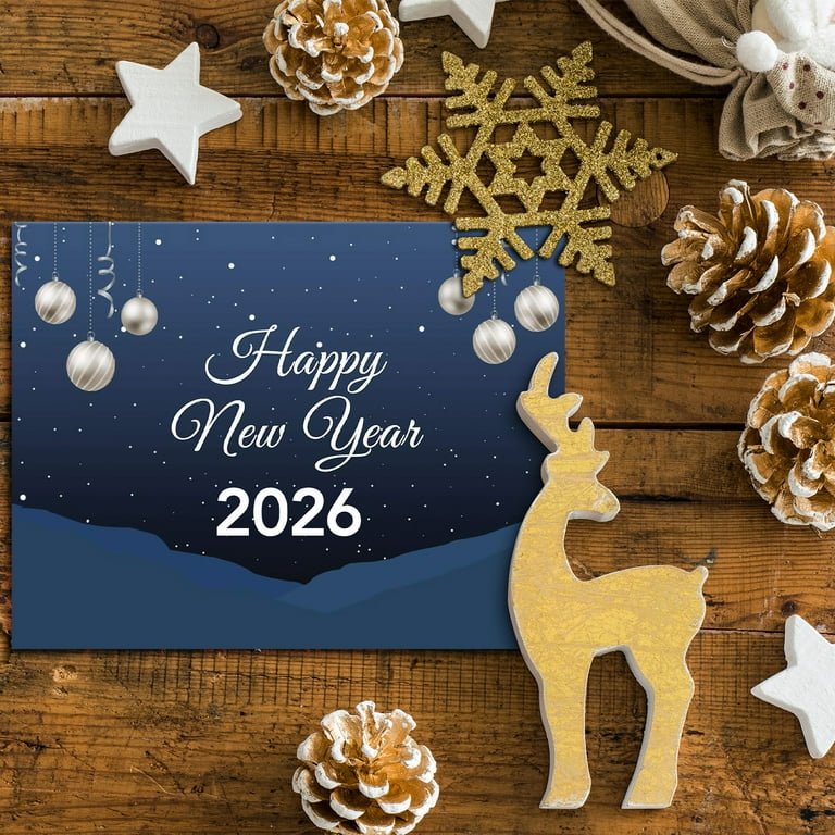 2026 Happy New Year Cards Set Elegant Winter Blue Christmas, Xmas, New Year, Holiday Greetings, Invitations, Announcements, Thank Yous | 4.25 x 5.5 (