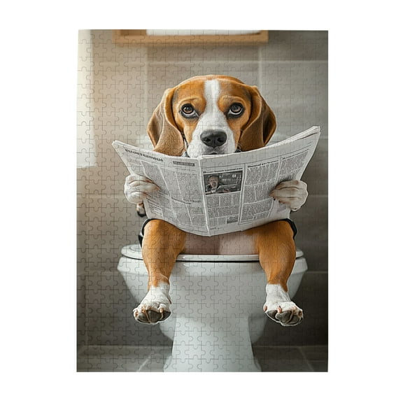 500 PCS The Dog Reading Newspapers On The Toilet Fun Puzzles 500 Piece,Brain Challenge,Wonderful Imagination,Cute Dog Modern Art Wooden Puzzle,Great For Relaxation And Display For Puzzle Enthusiast