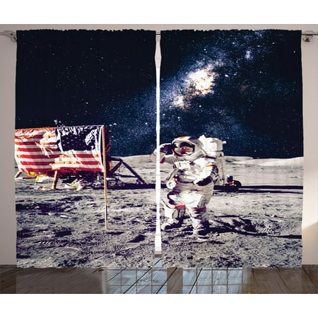 Galaxy Curtains 2 Panels Set, American Cosmonaut with USA Flag on Moon Digital Pilot Space Discovery Photo, Window Drapes for Living Room Bedroom, 108W X 84L Inches, Grey Dark Blue, by