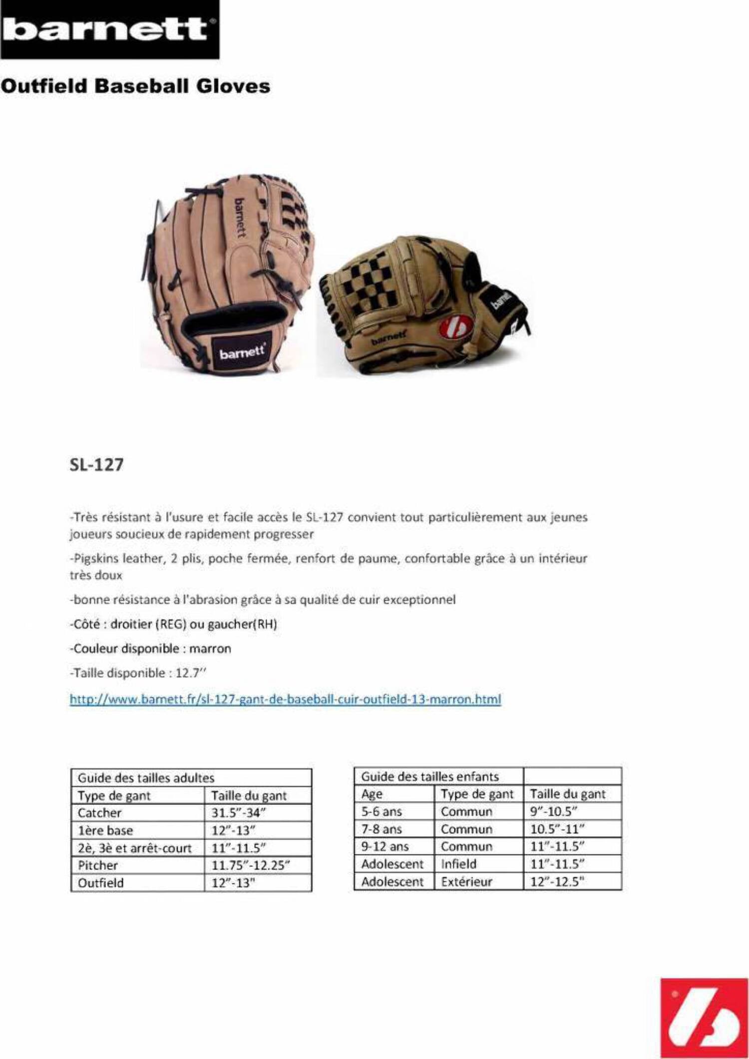 SL-127 12,7" Baseball Glove, Leather, Outfield, Right Hand Throw, Brown by BarnettSport