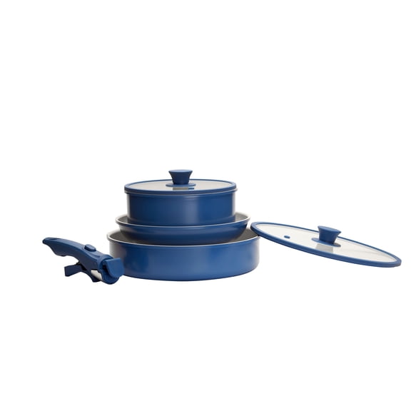 6piece Stackable Cookware Set Royal Blue with Removeable Handle