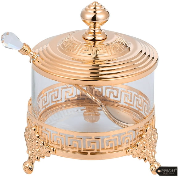 Matashi Home Decorative Dining Tabletop Showpiece Rose Gold Sugar Bowl, Honey Dish, Candy Dish Glass BowlContemporary Design with Crystal Studded Spoon