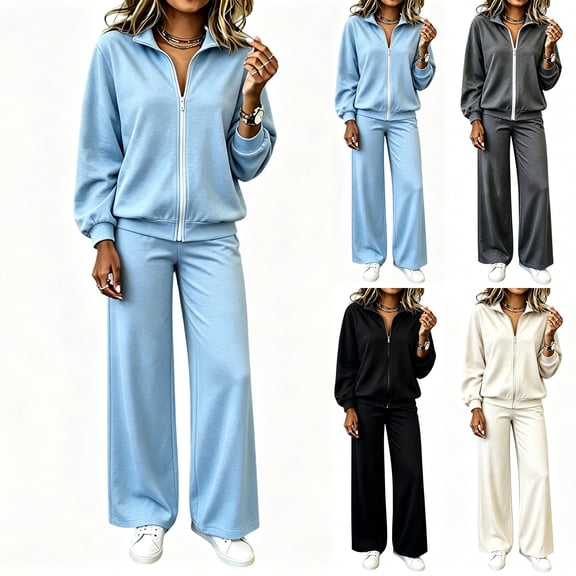 Mifsaly 2 Piece Athletic Sets for Women Full Zip Jacket And Wide Leg Pants Fall Winter Casual Activewear Light Blue,S
