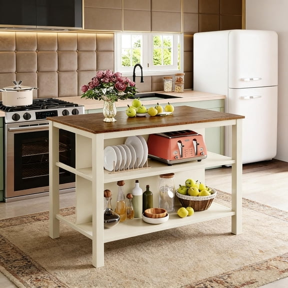 45"  Kitchen Island with Butcher Block Top, 2 Open Shelves for Storage, Stationary Prep Table in Walnut and Cream White for Small Spaces