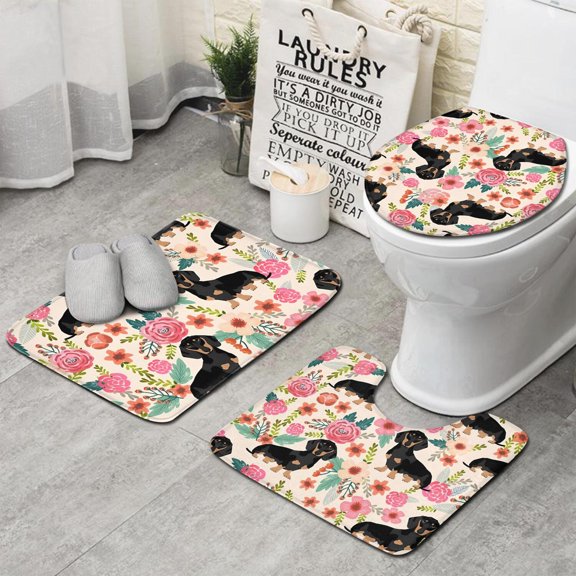 Dachshund and Flower Bathroom Rugs Sets 3 Piece,Toilet Cover Set,Absorbent Non Slip Bathroom Mats Sets with U-Shaped Contour Rug Toilet Rug Set