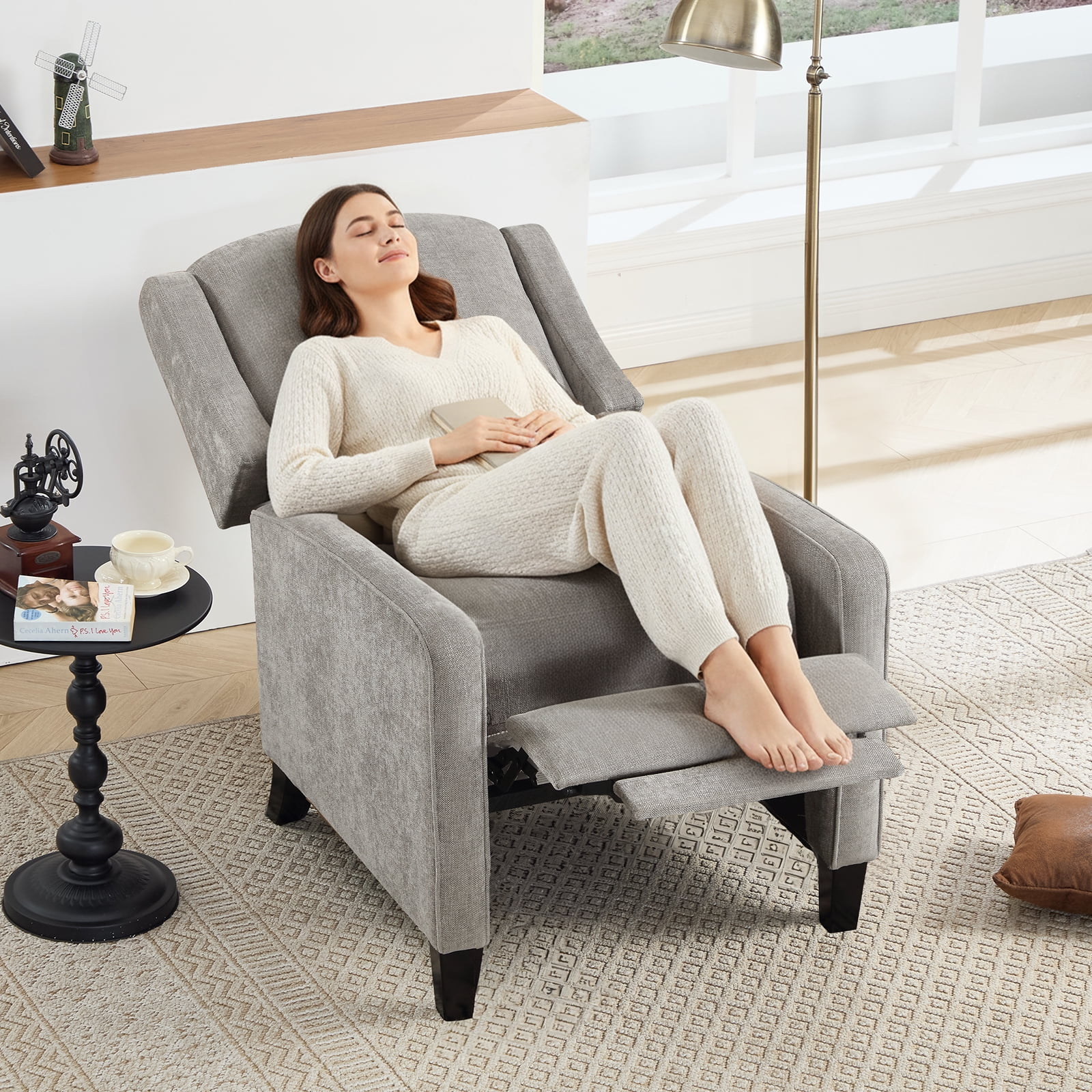 Bonzy Home Recliner Chair Push Back Upholstered Wingback Fabric Home Theater Single Sofa for Living Room,Gray