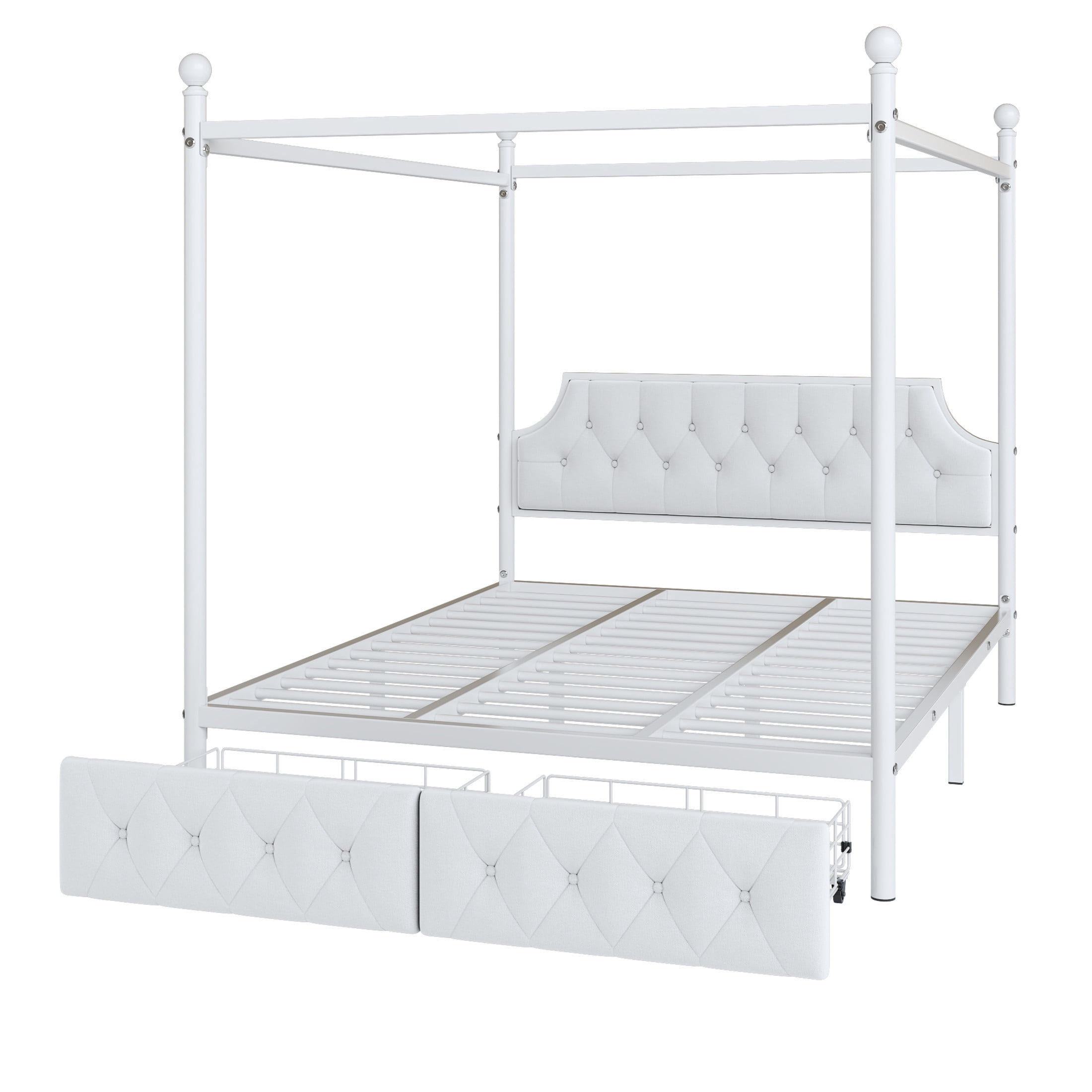 Noble House Carmen Queen Metal Canopy Bed, Platform Frame with Velvet Headboard and Storage Drawers, White