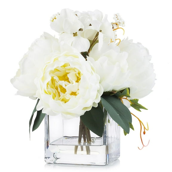 Enova Home Mixed Artificial Silk Cream Peony Flowers Arrangement in Clear Glass Vase with Faux Water For Home Garden Decoration