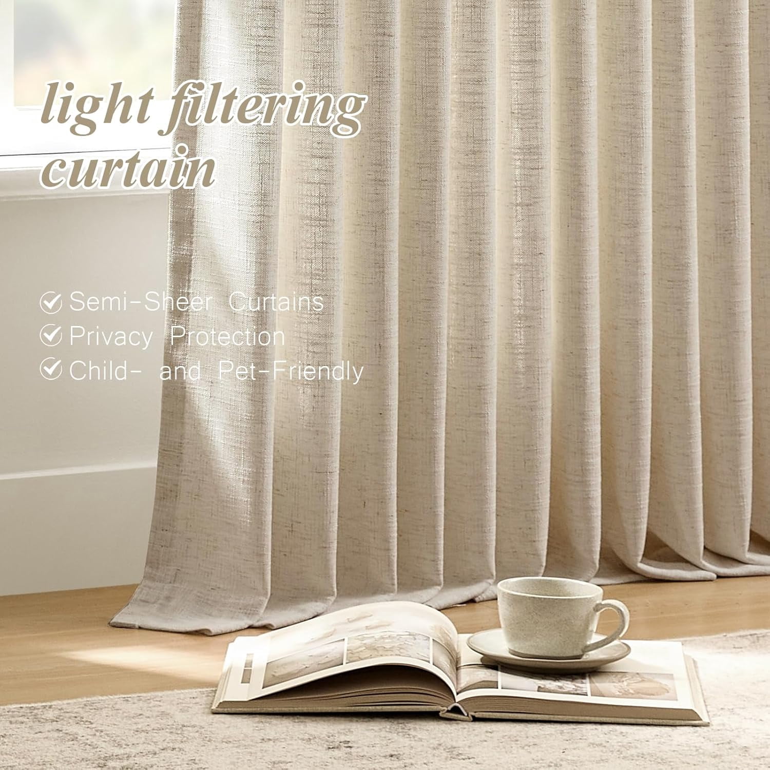 Nalqet 40*96 inch 2 Panels Pinch Pleated Linen Curtains for Home, Blackout Heat Blocking Window Curtains for Bedroom,Living room,Office,Burlywood Birch