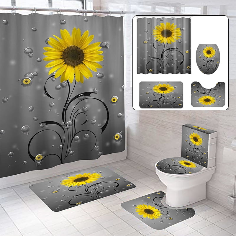 Harvest of sunflower Shower Curtain Toilet Cover Rugs Bath Mat Contour Rug Set 