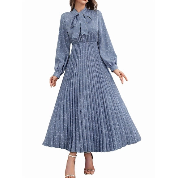 Women'S Knee-Length Spring and Autumn Dresses Bowknot Solid Color Shirt Sleeve Big Swing Long Dresses Blue XL