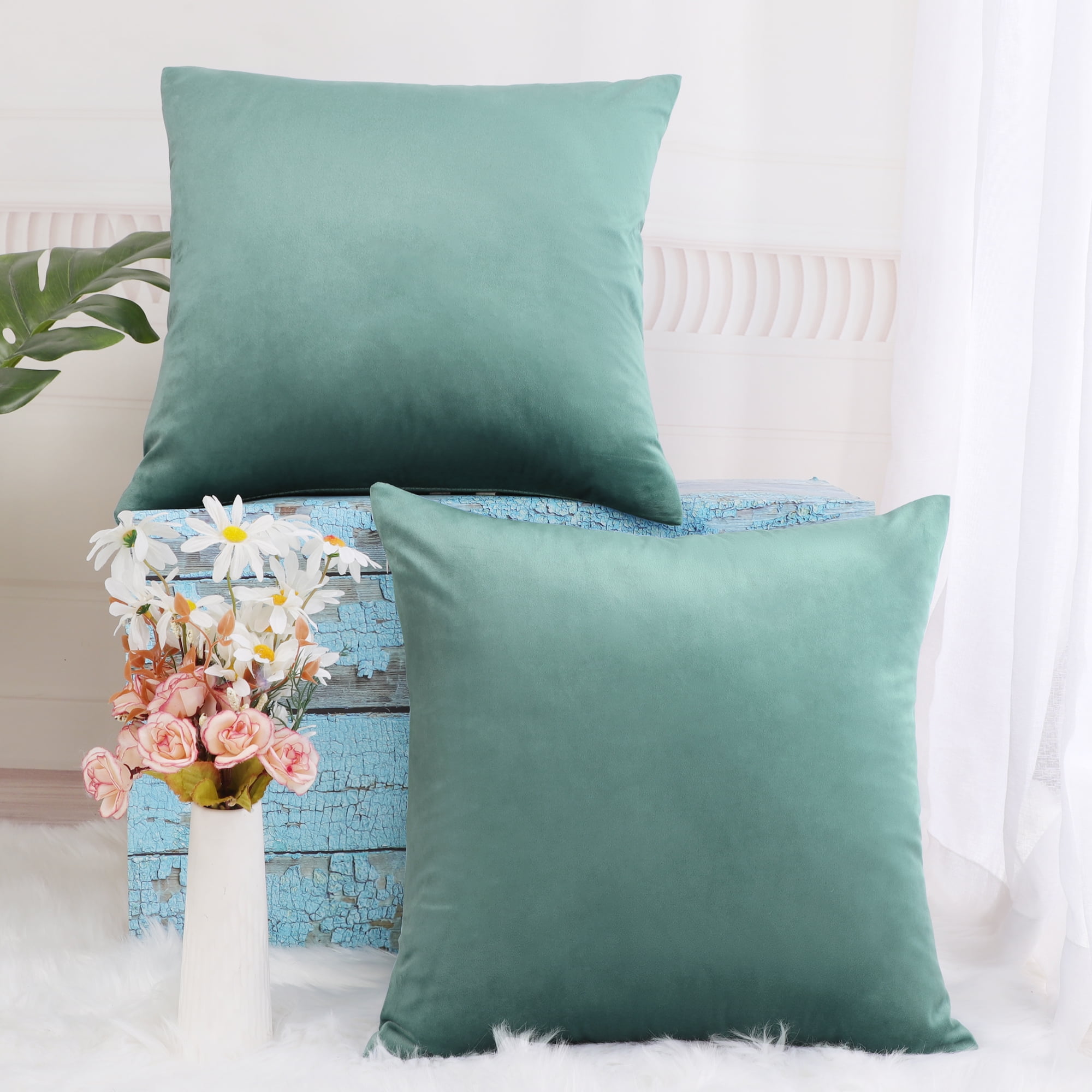 Unique Bargains Velvet Decorative softCushion Throw Pillow Cover 18" x 18" Seagreen