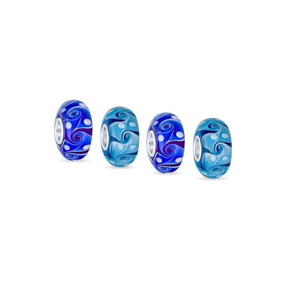 Bling Jewelry Womens Set of 4 Murano Glass Charm Bead Blue Aqua Wave Swirl Spacer Silver Core
