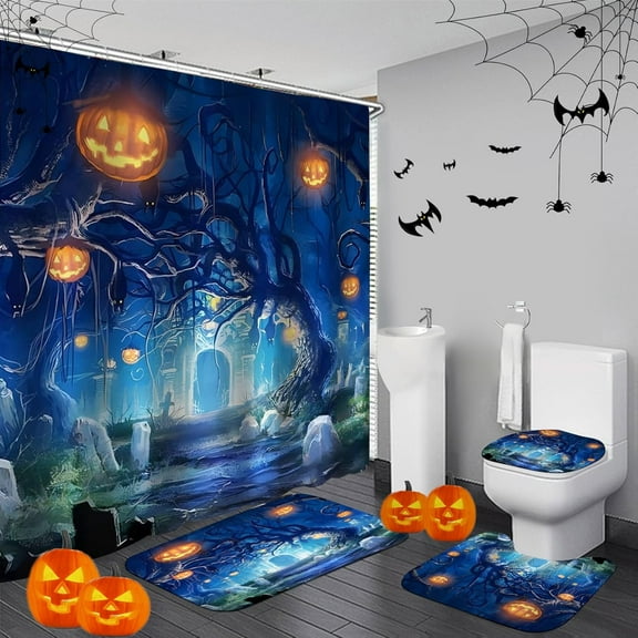 4 PCS Halloween Bathroom Decorations Set Toilet Seat Cover Rug Shower Curtain Sets Monsters Ghost Pumkin Bats Dark Scared Bathroom Decor