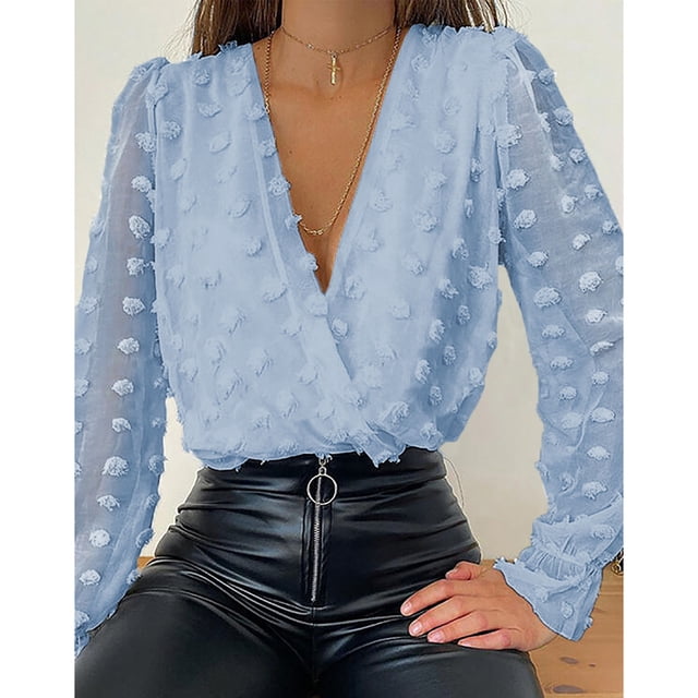 Women Lace Blouse, Women Lace Long Sleeve Top V Neck Comfortable For Office ACTIVE Cocina, Decoración y Otros