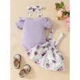 thumbnail image 4 of SANSIWU Infant Baby Girl Summer Outfits Ribbed Short Sleeve Romper+Floral Overalls Dress+Headband Set, 4 of 7