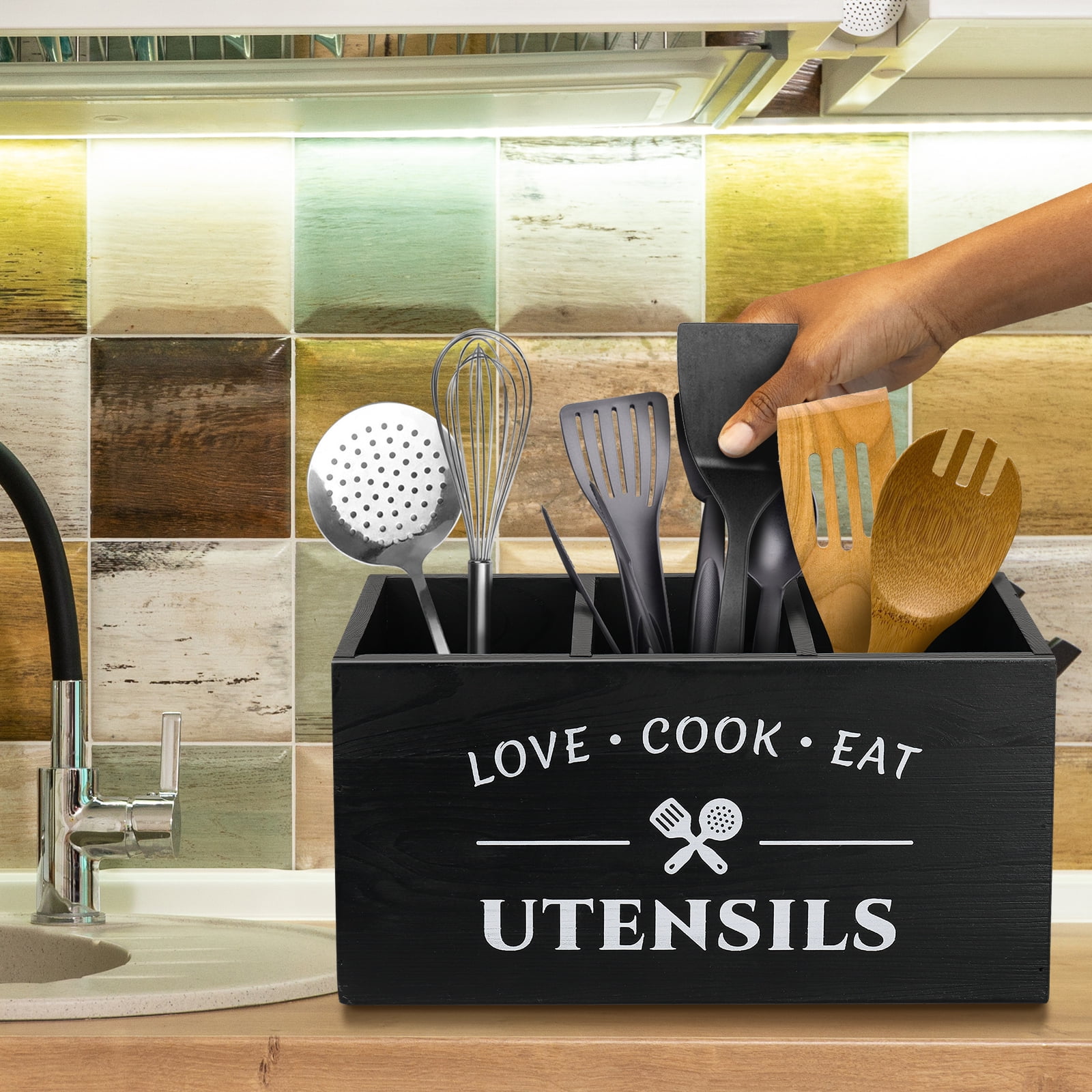 Kitchen Utensil Holder with 3 Compartments, Rustic Wooden Utensils Storage Organizer Box Vintage Cutlery Holder, Farmhouse Flatware Utensil Caddy Countertop for Silverware Fork Spoon Spatula