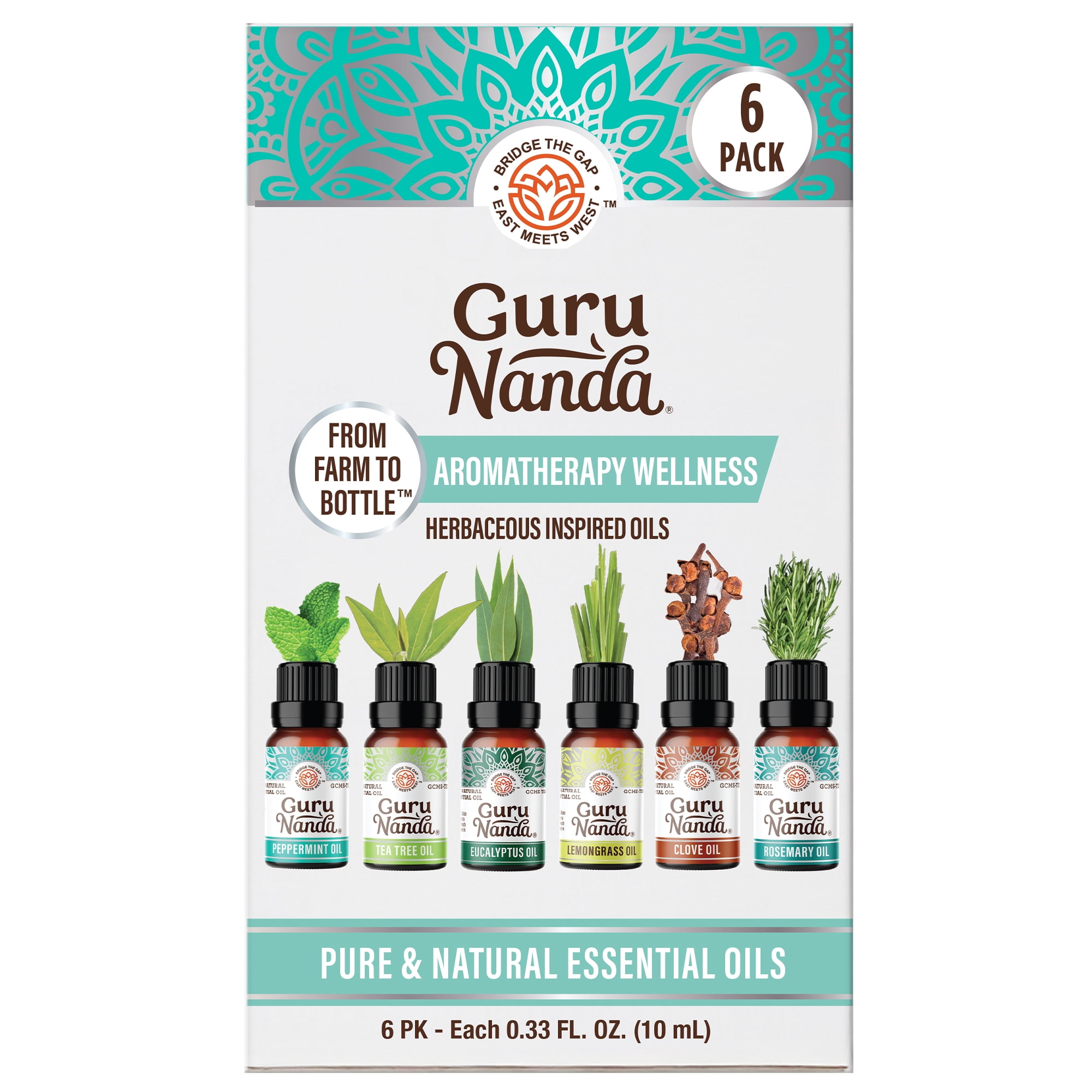 GuruNanda Herbaceous Essential Oils Collection, Peppermint, Tea Tree, Eucalyptus, 10 mL