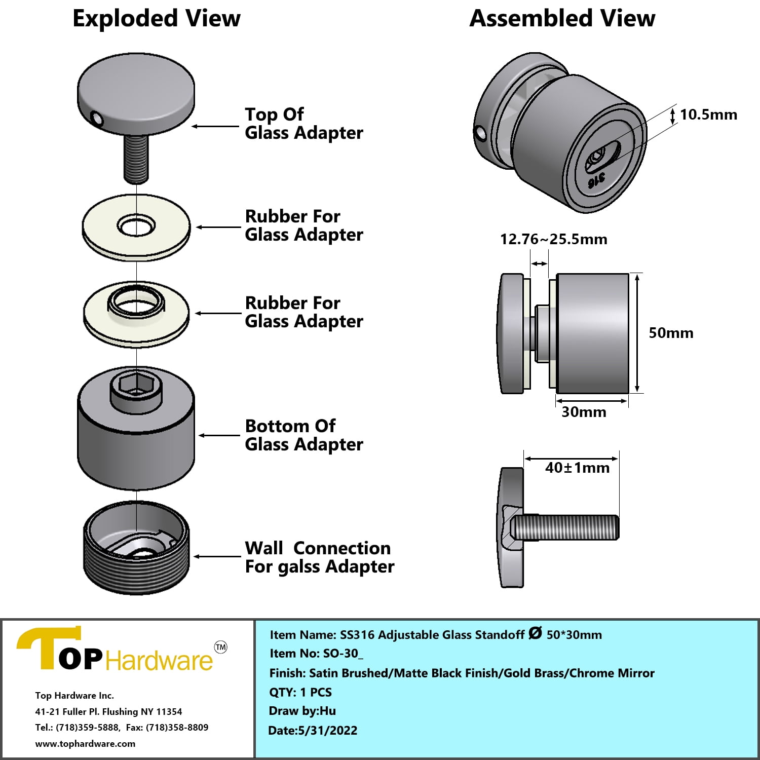 Stainless Steel 316 Grade 1-31/32 in (50mm) Diameter Adjustable Glass Standoff, 1-3/16 in Projection, Brush Finish, SO-30S, 4 Pieces