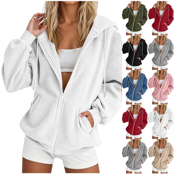 Sevevn Women’s Corduroy Zip Up Hoodie Casual Oversized Ribbed Jacket Long Sleeve Drawstring Hooded Sweatshirt with Pockets Lightweight Fall Outerwear Coat White XL