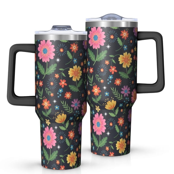 40oz Pioneer Flower Floral Print Pattern Insulated Tumbler with Handle, BPA-Free Leak Proof Lid and Straws, Double Wall Vacuum, Hot 12h/Cold 34h