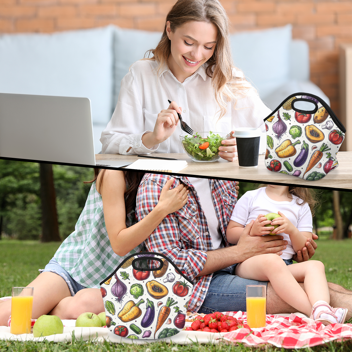 Herdesigns Vegetable Neoprene Lunch Bag, Food Insulated Lunch Box for Women Men Washable Lunch Tote Soft Lunch Container With Zipper for Work Picnic Travel