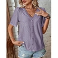 thumbnail image 2 of Women Hollow Short Sleeve Top V Neck Casual Loose Fitting Button Front Summer T Shirt Top Purple XL, 2 of 5