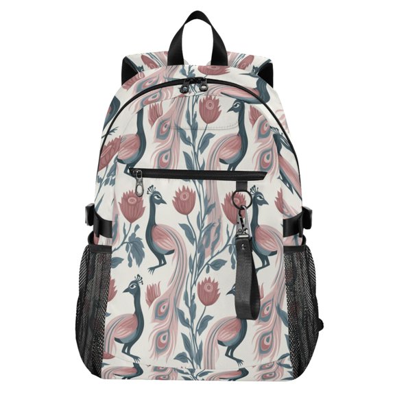 Full‑Print Casual Laptop Backpack, 20L Water‑Resistant Twill Tote Daypack with 14 Inch Computer Compartment for School Business Travel Retro Peacock Pattern