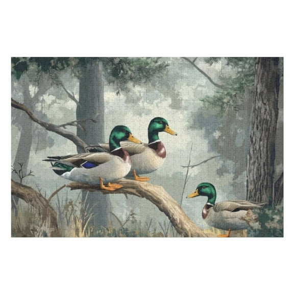 Puzzles for Adults 300 Pieces - Ducks Perched Branch Misty Forest Wildlife Challenging Gifts for Jigsaw Puzzle Lovers, Enjoy Happy Time with Friends, Framable Room Wall Decoration