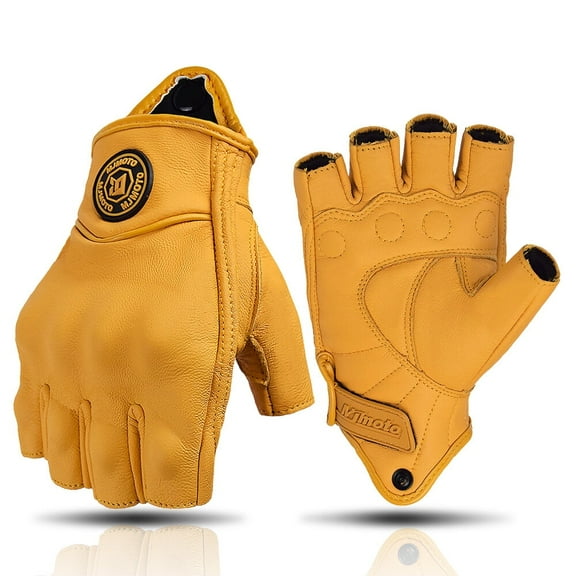 MJMOTO Vintage Leather Motorcycle Gloves Half Finger Touchscreen Off Road Riding Gloves with Hard Shell Protection Breathable Motorcyclist Gloves
