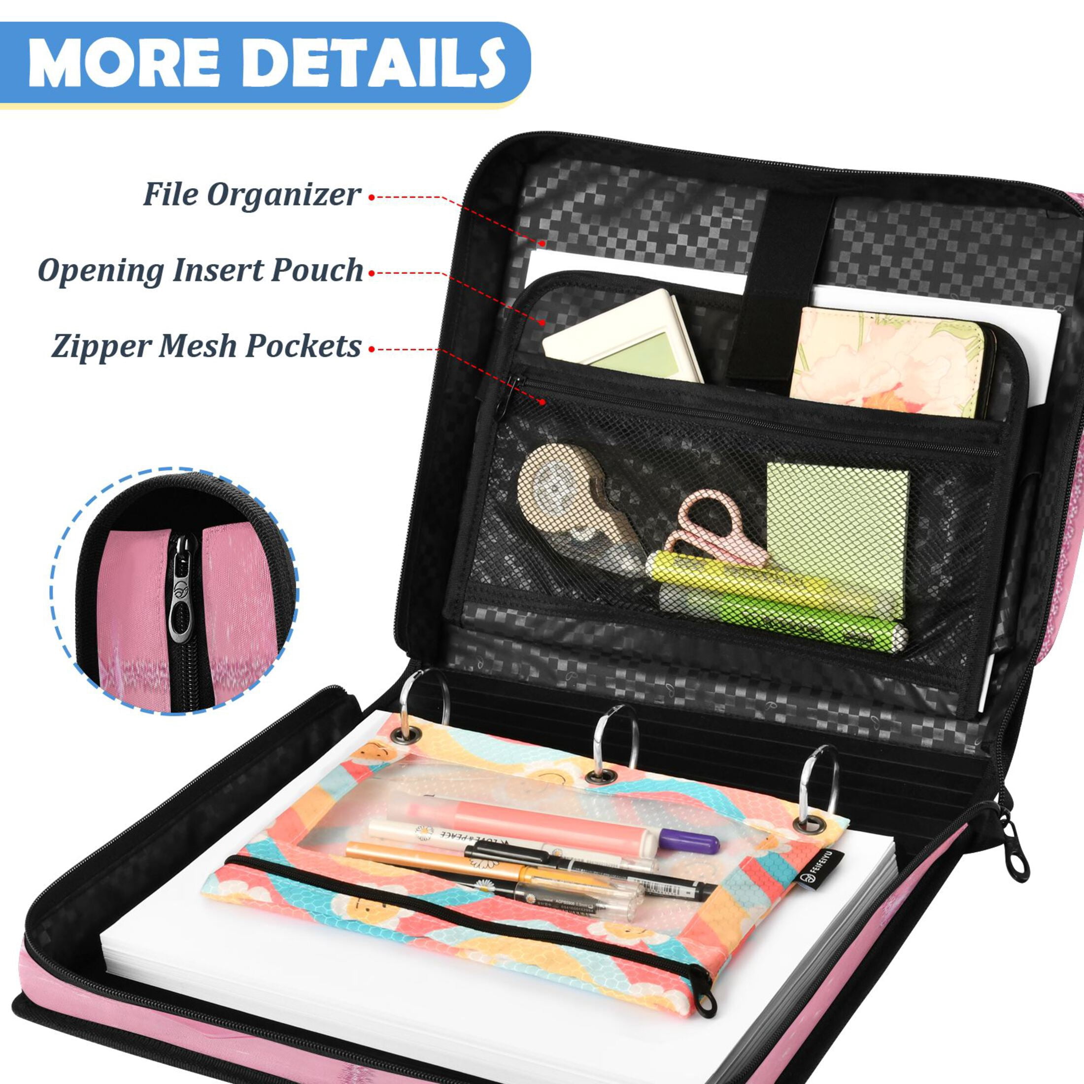ALAZA Zipper Binder Bow Glitter Pattern 2 inch 3 Ring 500 Sheet Capacity Trapper Keeper File Folder Organizer Bag