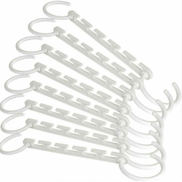 Amdohai 8PCS Clothes Hanger Closet Organizer Storage Rack Holder Chain Wardrobe Space Save Multifunction Clothes Hanger. Set of eight white hangers made of reinforced PP material, designed to hold up to five garments each. Features a chain-like design with multiple slots for horizontal or vertical use, maximizing closet space. Ideal for homes, apartments, dorms, or retail fitting rooms. Compact dimensions of 24x10x4.5 cm and lightweight at 260g.