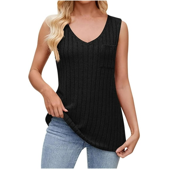 Wyobmus Womens Tank Tops Full Length Sleeveless Ribbed Knit Shirts V Neck Loose Fit Casual Tops With Pocket Trendy Fashion Outfits S-2X Black