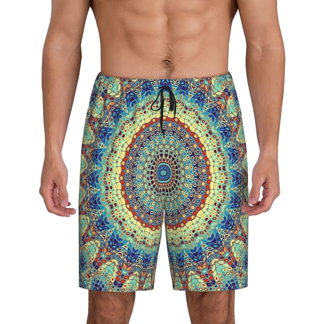 Balery Round Mandala1 Pantalones cortos de pijama de punto de algodón para hombre con cinturilla y bolsillos-3X-Large