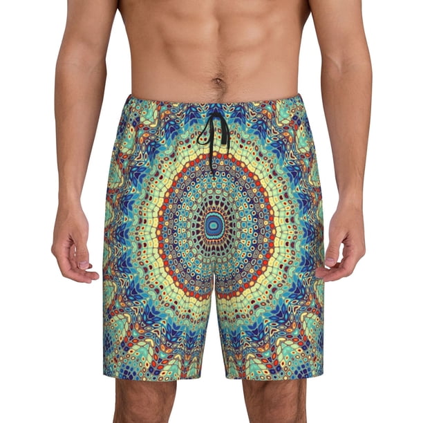 Balery Round Mandala1 Pantalones cortos de pijama de punto de algodón para hombre con cinturilla y bolsillos-Large