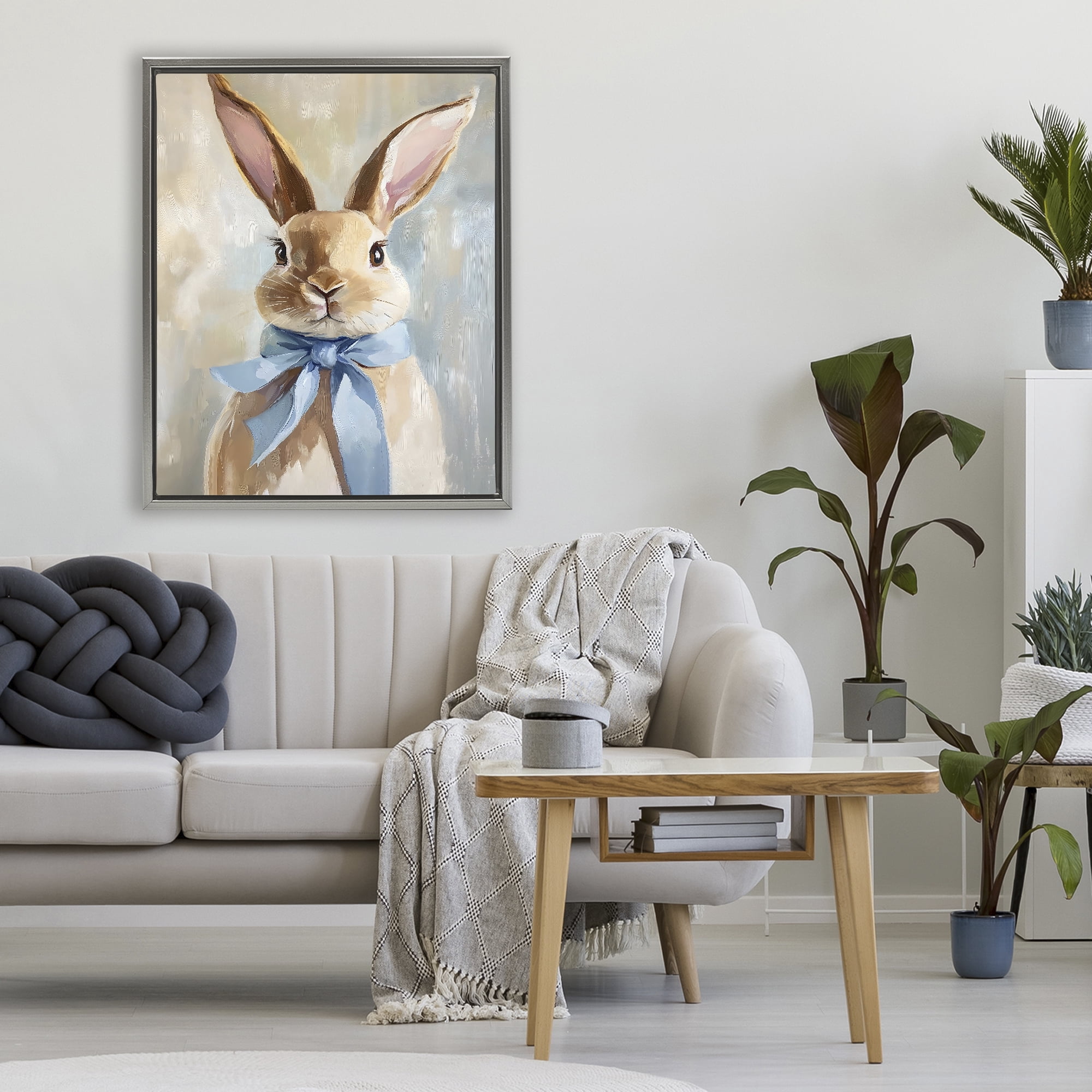 Stupell Industries Bunny with Blue Bow Gray Framed Floater Canvas Wall Art, design by The Prints Vibe