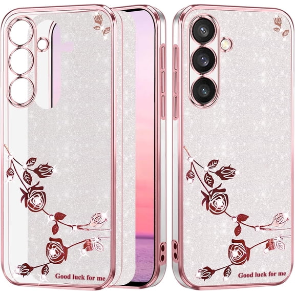 Phone Case for Samsung A24 Case Clear Glitter Sparkle Aesthetic Samsung Galaxy A24 Case Silicone Soft Flower Transparent Shockproof Anti-Scratch Cover Purple Slim (Silver-Pink)