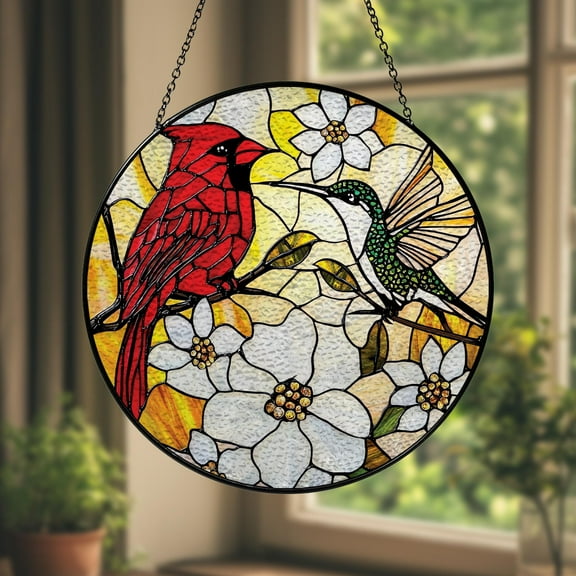 Hummingbird and Cardinal Stained Glass Suncatcher Bird and Flower Window Hanging, Nature Lover Gift for Mom