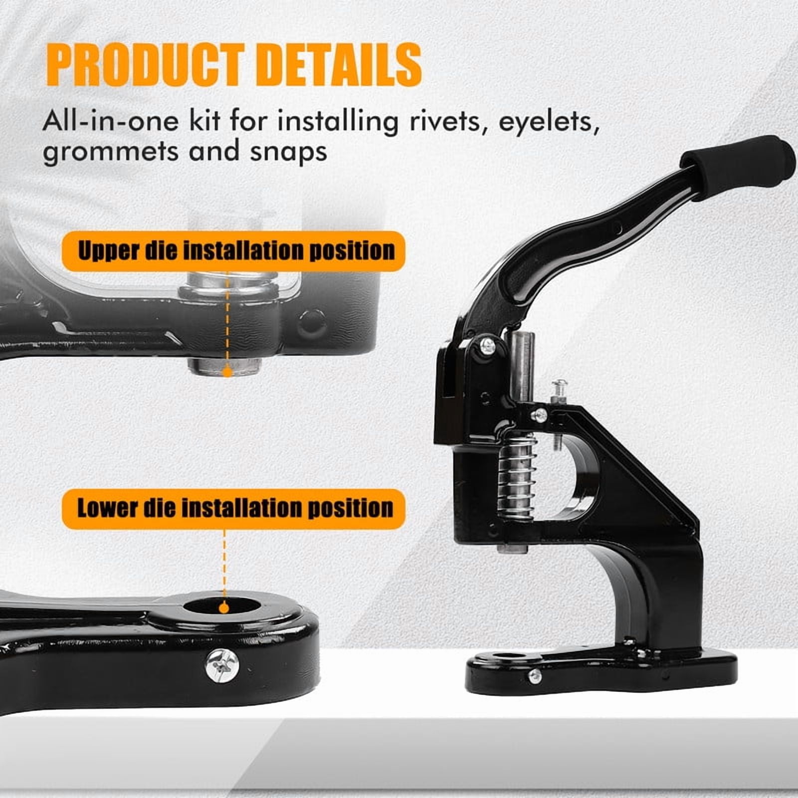 Heavy-duty Punching Machine Kit, Hand-pressed Punching Rivet Setting Tool, For Fabrics, Leather, Banners And DIY Projects, 3 Molds (6mm, 10mm, 12mm) And 3000 Gold And Silver Sealing Rings (Black)