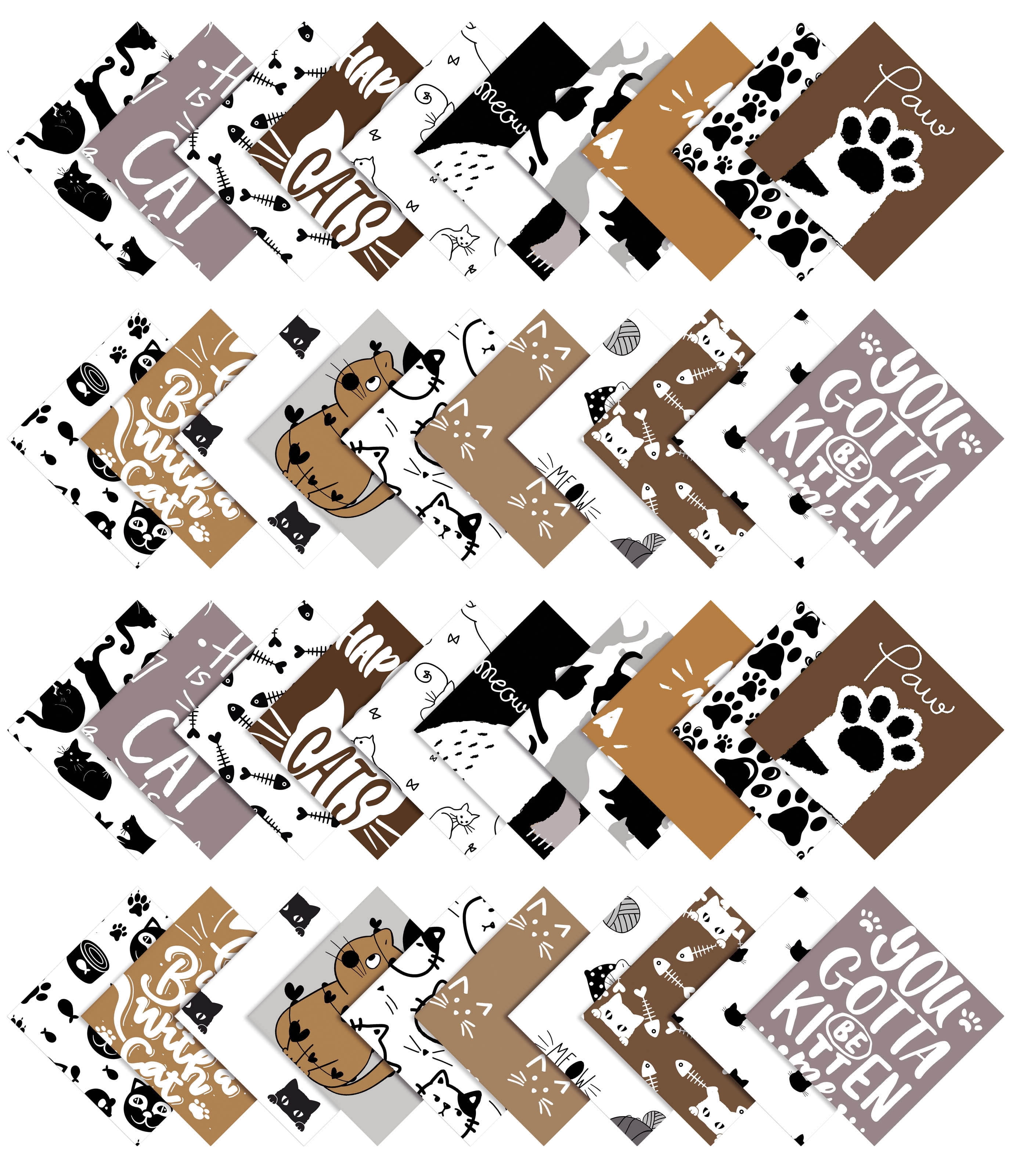 Soimoi Precut 10-inch Cat Prints Cotton Fabric Bundle Quilting Squares Charm Pack DIY Patchwork Sewing Craft- Brown, Grey, Black & White