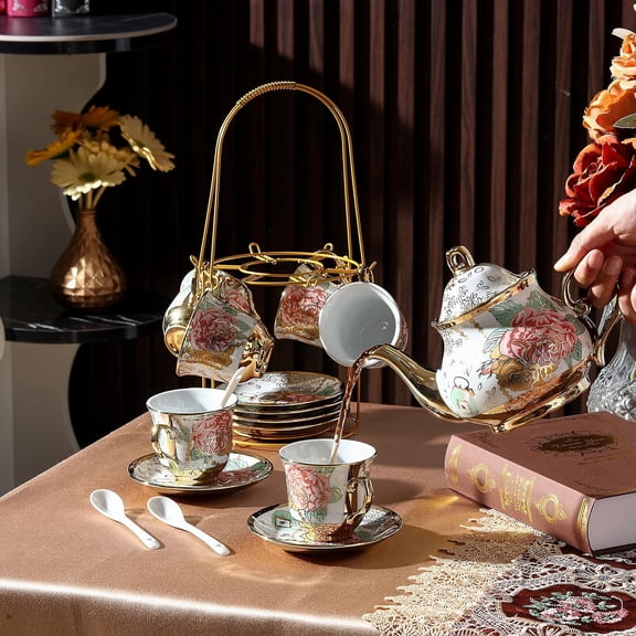 20 Pcs Porcelain Tea Set with Metal Holder and Spoon Adult Ceramic Tea Set European Flower Painting Teapot Cup Saucer Spoon for Women, Large Version(Bright Style)